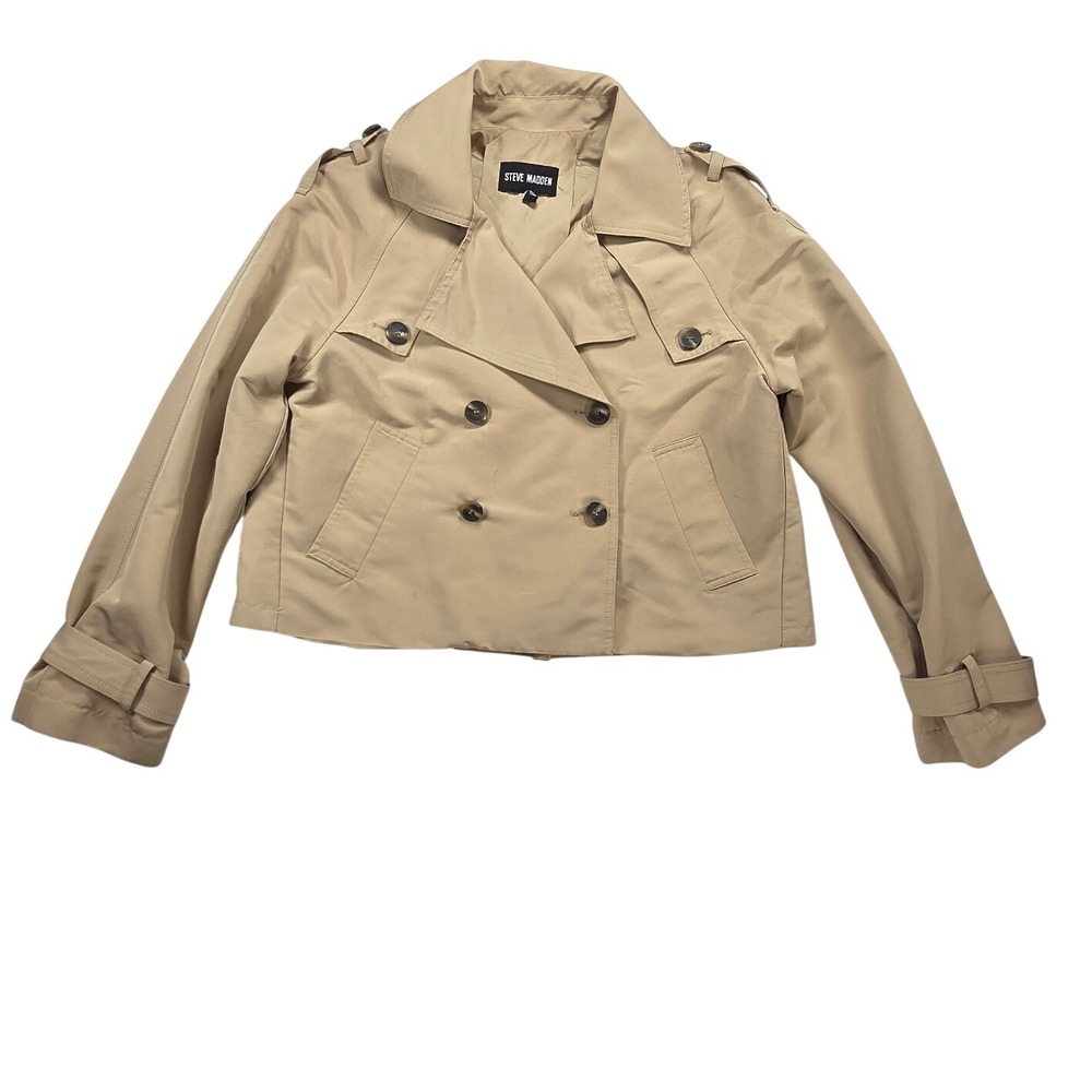 Steve Madden Cropped Beige Trench Coat Women Size M Fall Jacket Button Collared